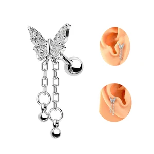 Chain Dangle Tragus Earrings Butterfly Cartilage Earrings 16G Surgical Steel Helix Piercing Jewelry Fashion Women Piercing