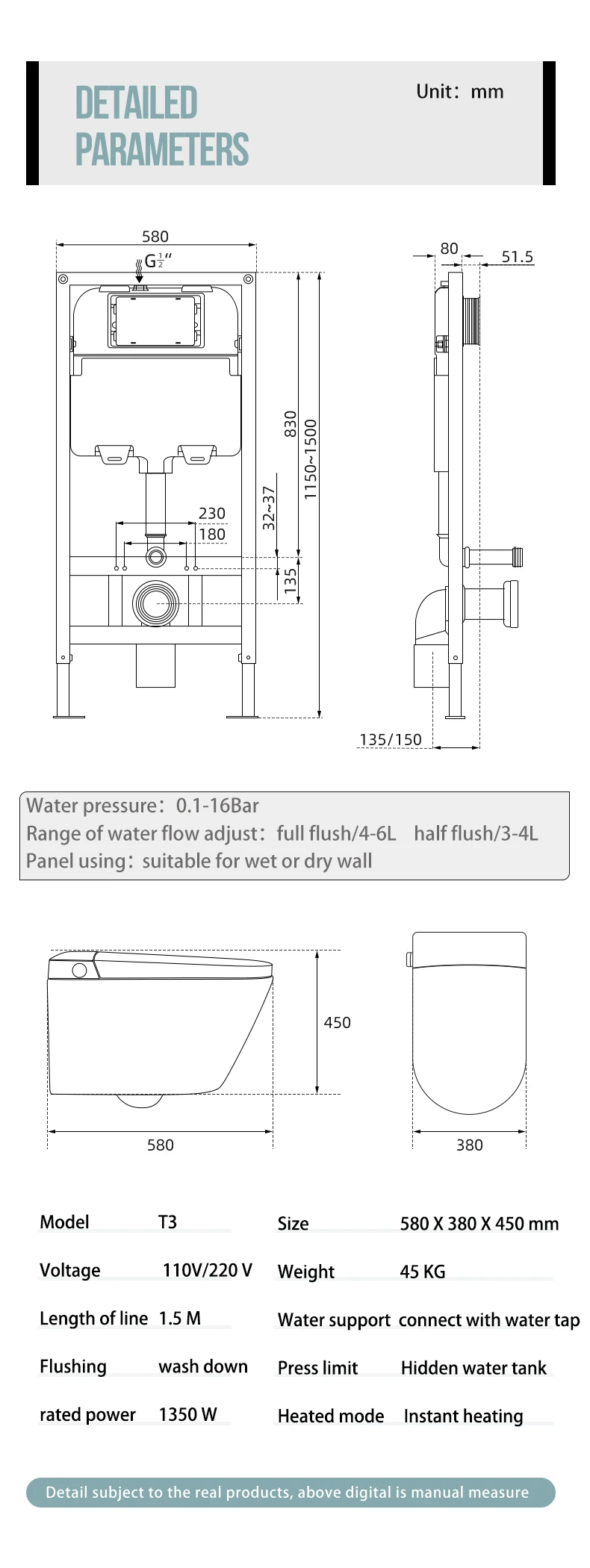 Back to wall mounted bathroom ceramic rimless electric intelligent automatic wall hung smart wc toilet bowl with bidet details