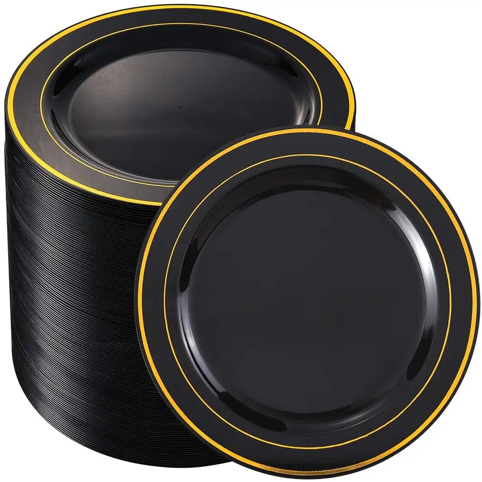 Black Plastic Plates With Gold Rim10.25inch And 7.5inch Disposable