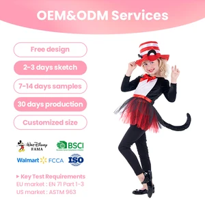 EU EN71 BSCI FAMA Certified Red White Striped Dress Cat in the Hat Costume with Tail for Cosplay Festival