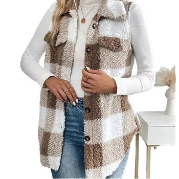 Autumn and winter, the new European and American style fashion hot cardigan temperament plush plaid vest jacket