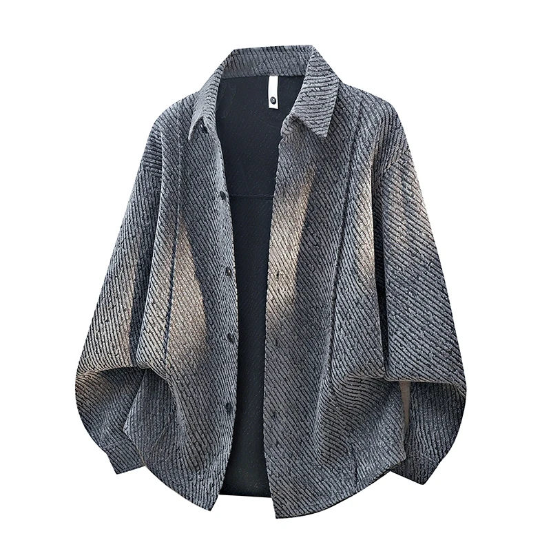 Premium striped textured shirt jacket, lapel men's coat, casual button-down top