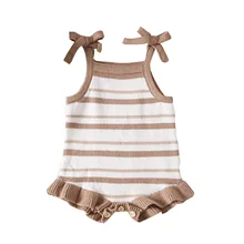 Lovely newborn clothes sling shoulder strap bow girl frill rompers spring autumn baby clothes stripes baby knit romper