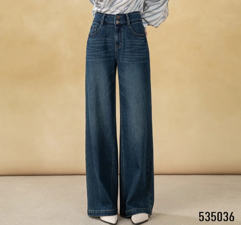 Women's High Waist Wide Leg Flare Pants with Long Sleeves Zipper Fly Closure Autumn Street Style Anti-Wrinkle Jeans