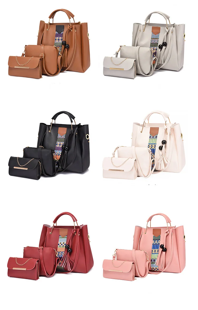 Manufacturers Wholesale Custom 2021 Fashion Ladies Female 3 Pieces PU Leather Tassel Tote Hand Bag Handbag Set For Women Luxury