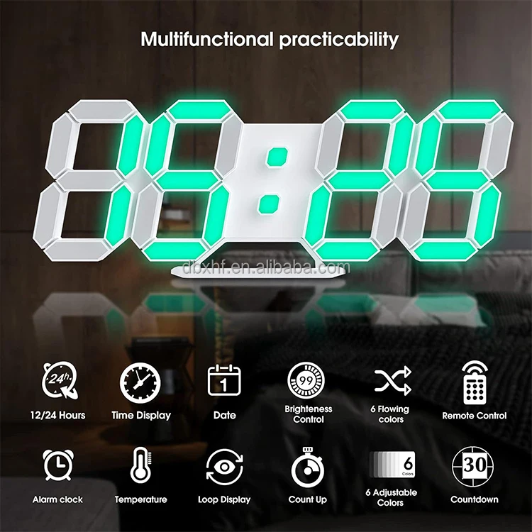 Hot Sale Ins Modern Home Decor 3 Brightness Levels Night Light Wall Table Desk 3D White Digital LED Alarm Clock