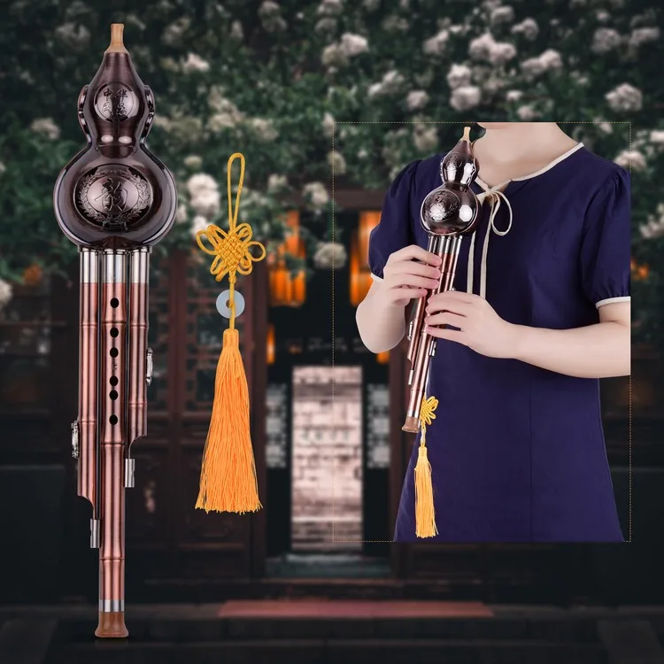 3 Tone C-Key Hulusi Gourd Cucurbit Flute with Copper Plated Pipes Chinese Traditional Instrument with Chinese Knot Case