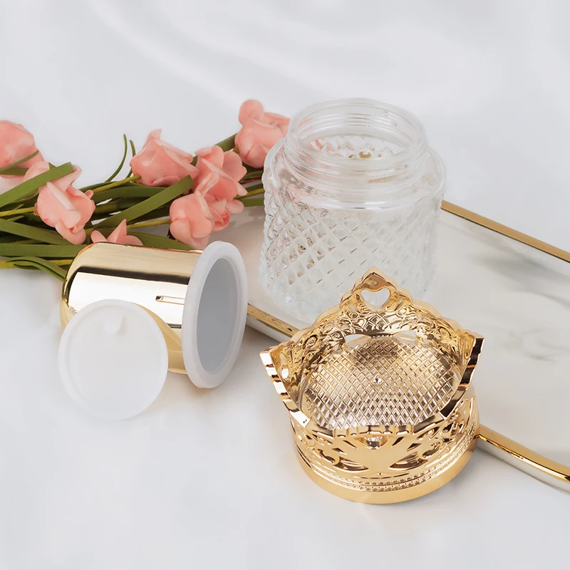 50g 100g Refillable Skincare Packaging Face Cream Glass Jar Crown Lid Special Plastic Gold Cap Jar details