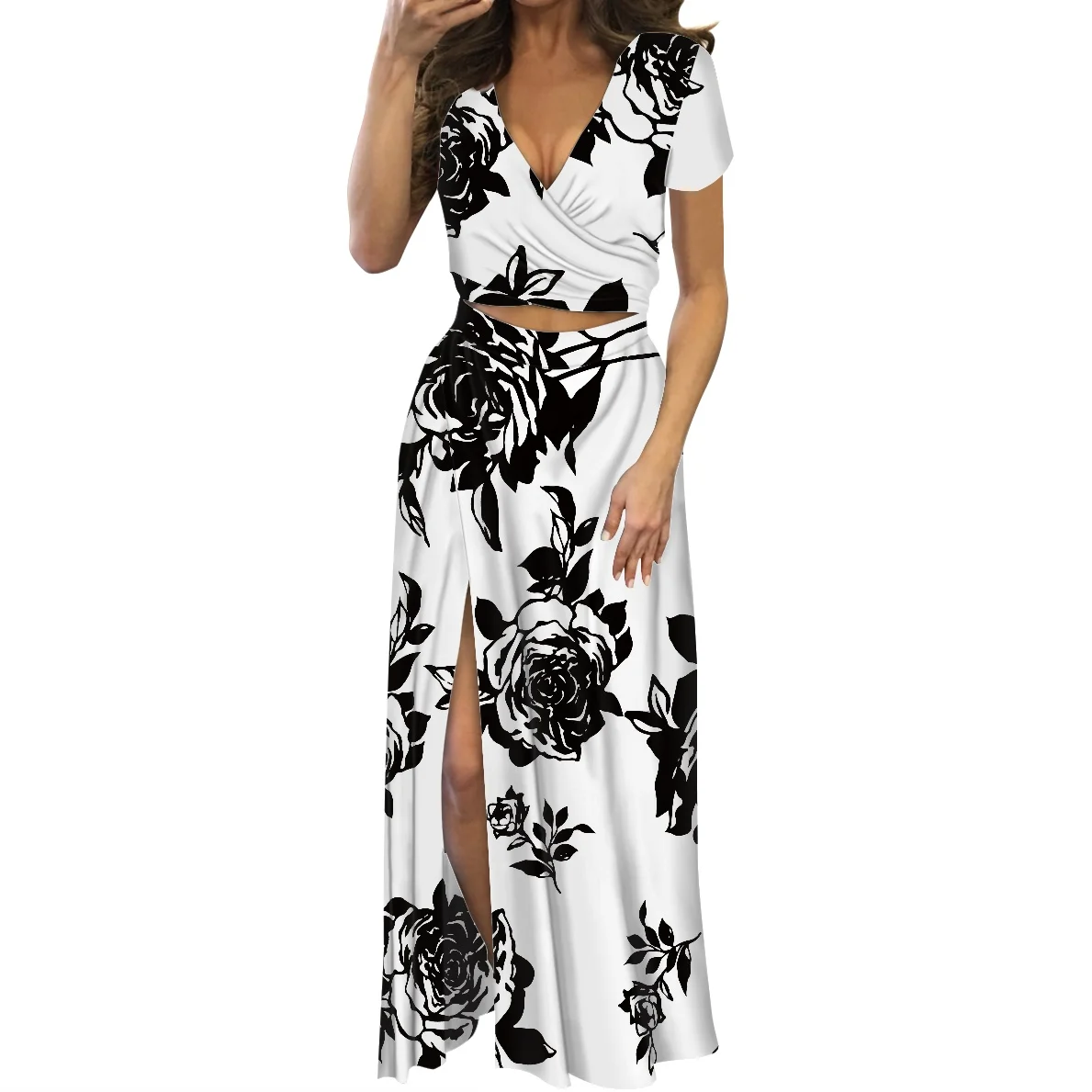 Maxi Dress Ladies Summer Small Flower Pattern White and Black Casual  Women's Sexy V Neck Side Slit Two-Piece Long Dress Sets