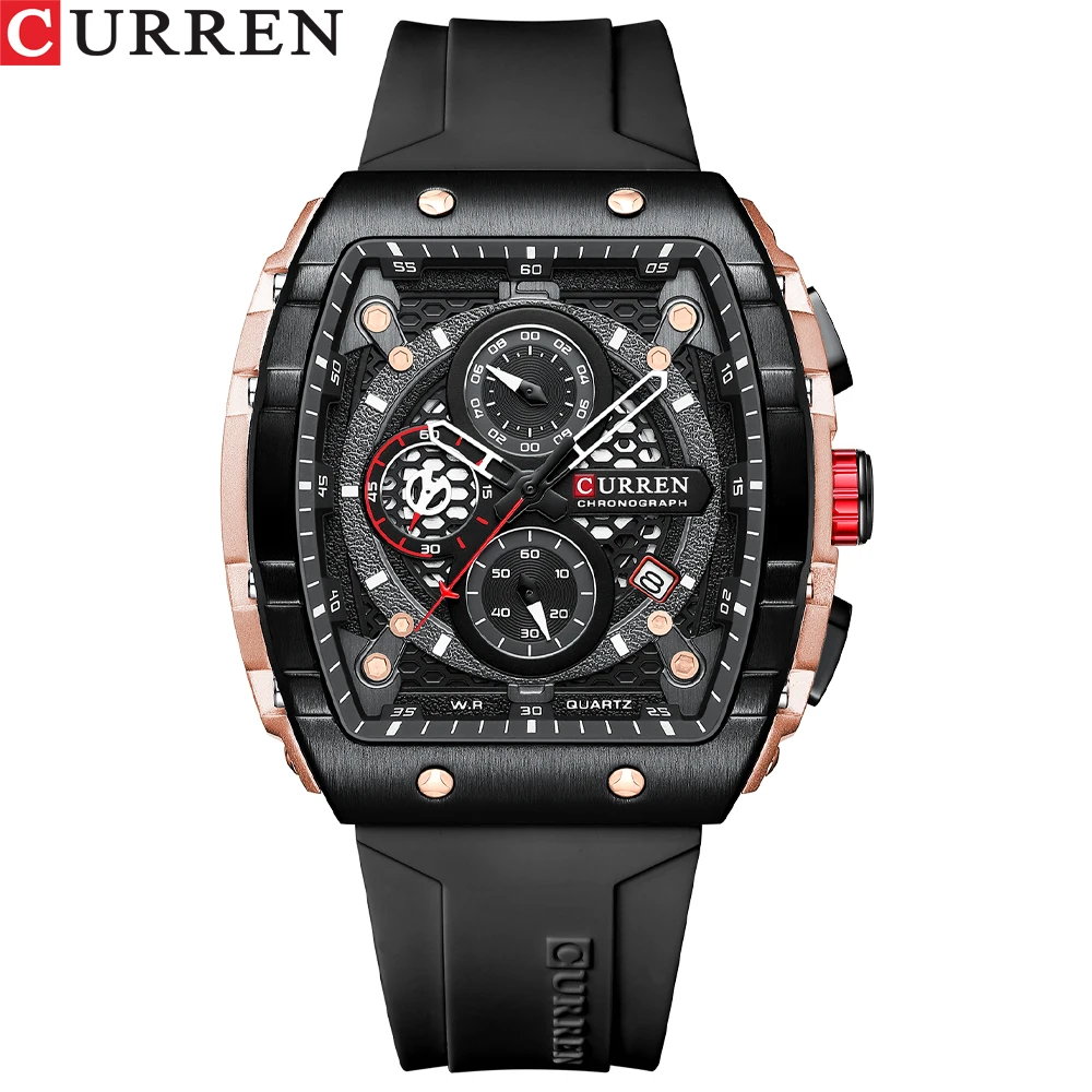 CURREN OEM square Custom Your logo Gift Men Wristwatch Silicone Watch Band Bracelet Chronograph Quartz Watch 8442