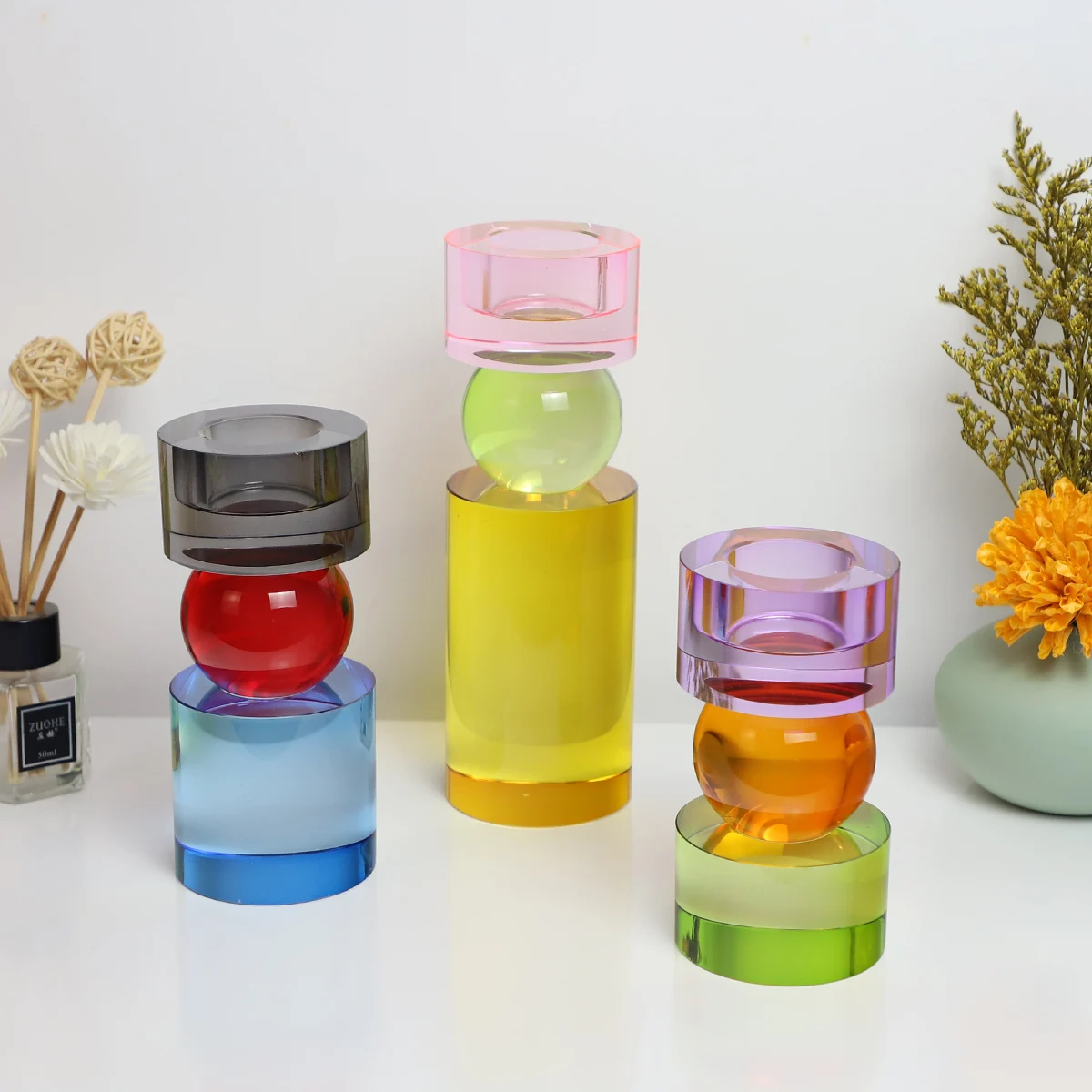 Crystal Made Glass Pillar Tealight Candle Holders Cylinder Candlesticks Holders Colorful Design for Dining Party factory