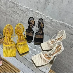 Amazon custom logo summer high heel sandals fashion mesh Square head strap shoes women