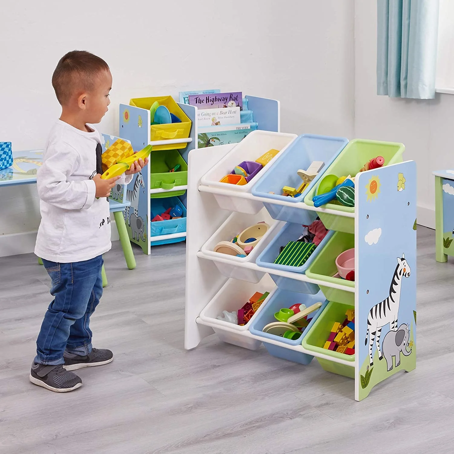 wooden toy storage with plastic bins