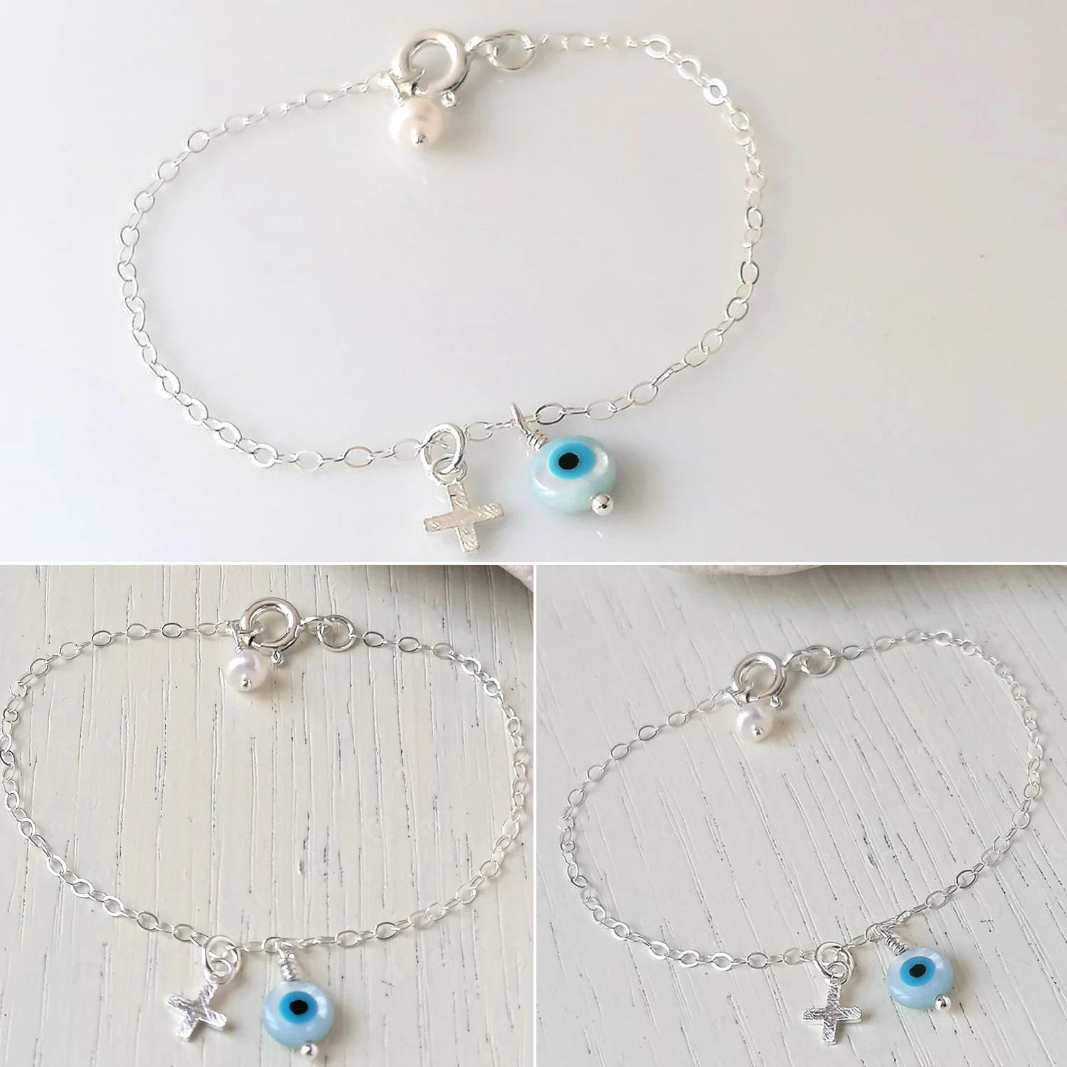 Cute Kids Anklets Bracelet 925 Sterling Silver Cross Eye