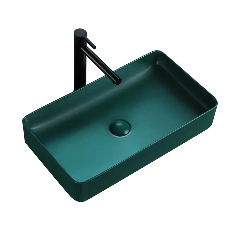Rectangular Countertop Sink Matt Army Green Color Ceramic Vessel Thin Hand Wash Art Basin