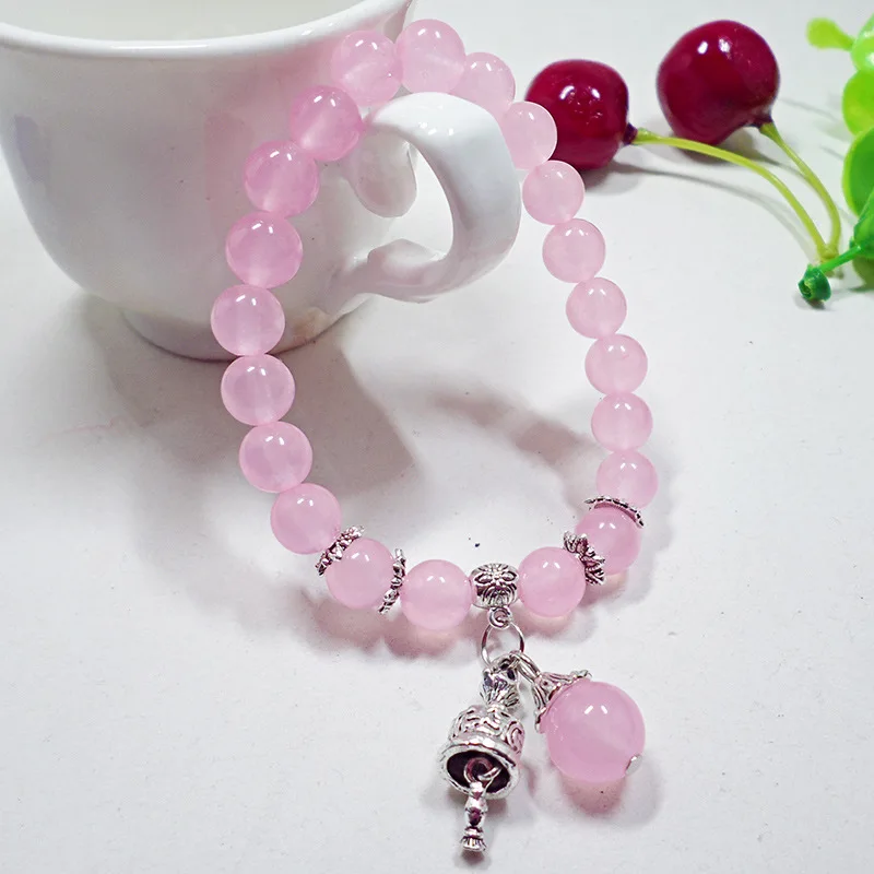 8 MM Light Purple Crystal Bracelet for Women Vintage Silver Alloy Vajra Bell Charm Beaded Bracelet