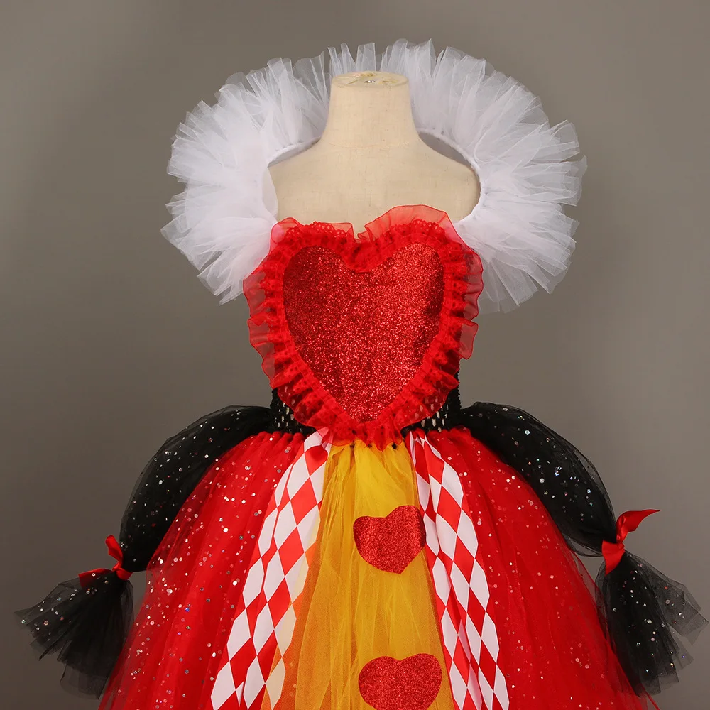 BAIGE 2026 Girl Queen of Hearts Costume Wonderland Fairy Tale Fancy Dress  Sparkly Halloween Villain Clothes Kids Evil Red Queen
