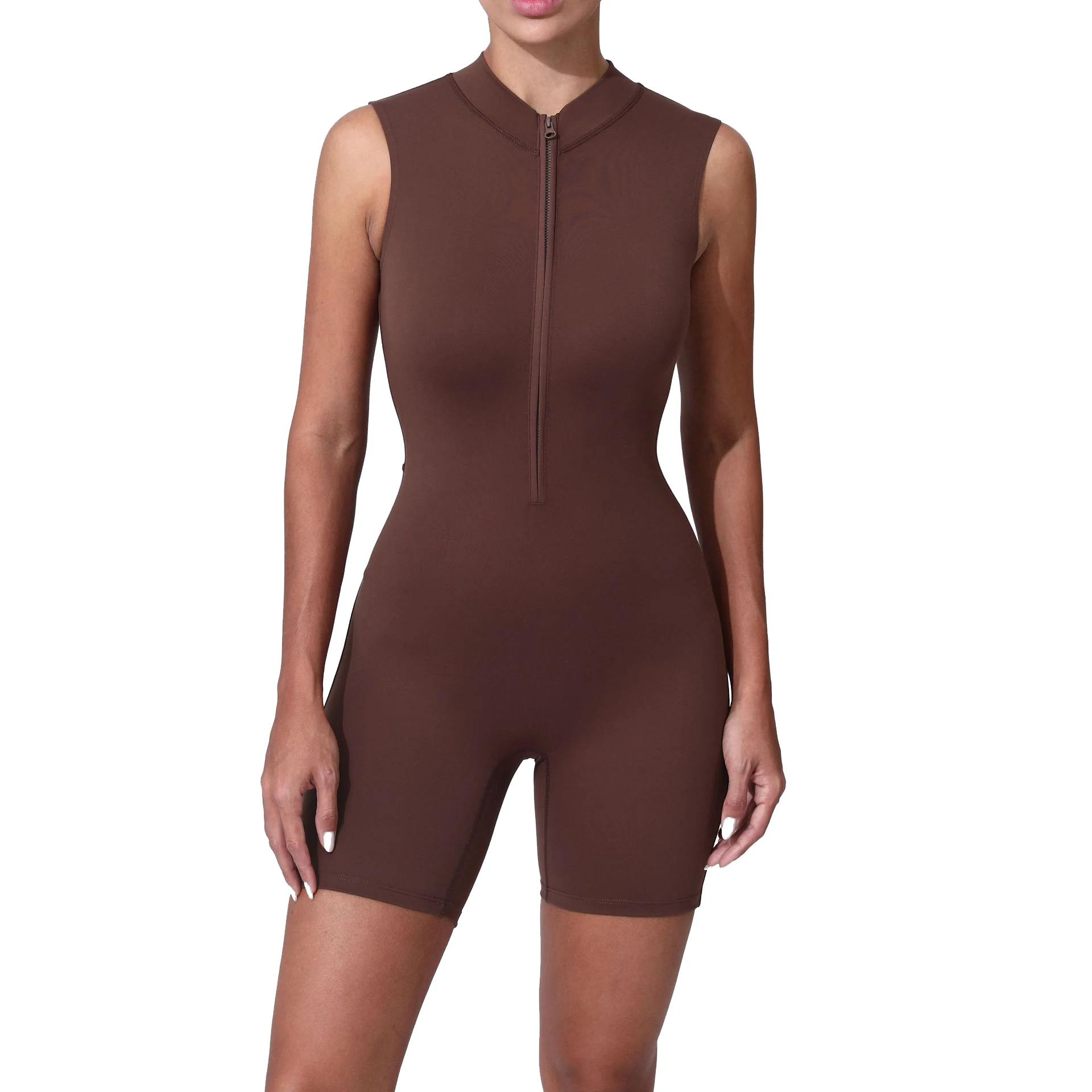 Women's Compression Sleeveless Fitness Bodysuit Short Length Soft Stretchy Front Zipper Sports Jumpsuit