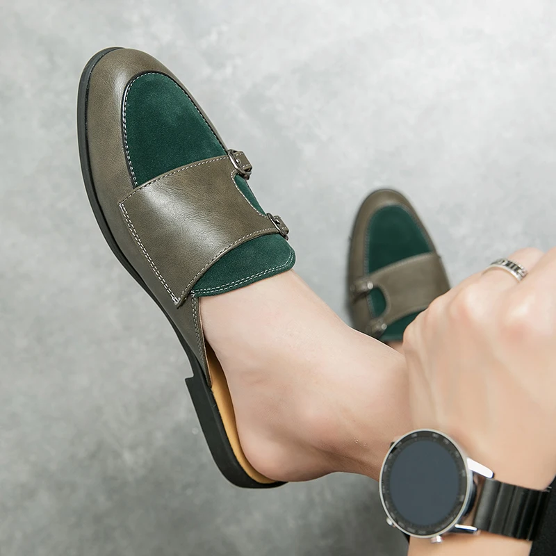 Double Monk Strap Shoes Green Color Suede Slip on Mules display picture 1