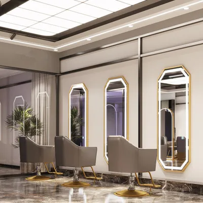 Modern Gold Large Rectangular Led Lighted Hairdressing Floor Salon Wall Mirror for Hair Salon Unit