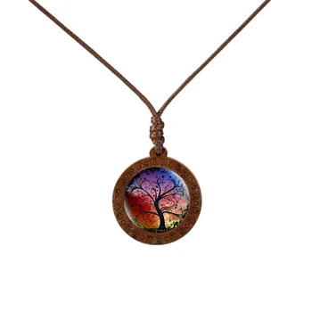Vintage Style Long Necklace Fashion Glass Demo Tree of Life Design Round Wooden Pendant Necklaces Wood Necklace Jewelry