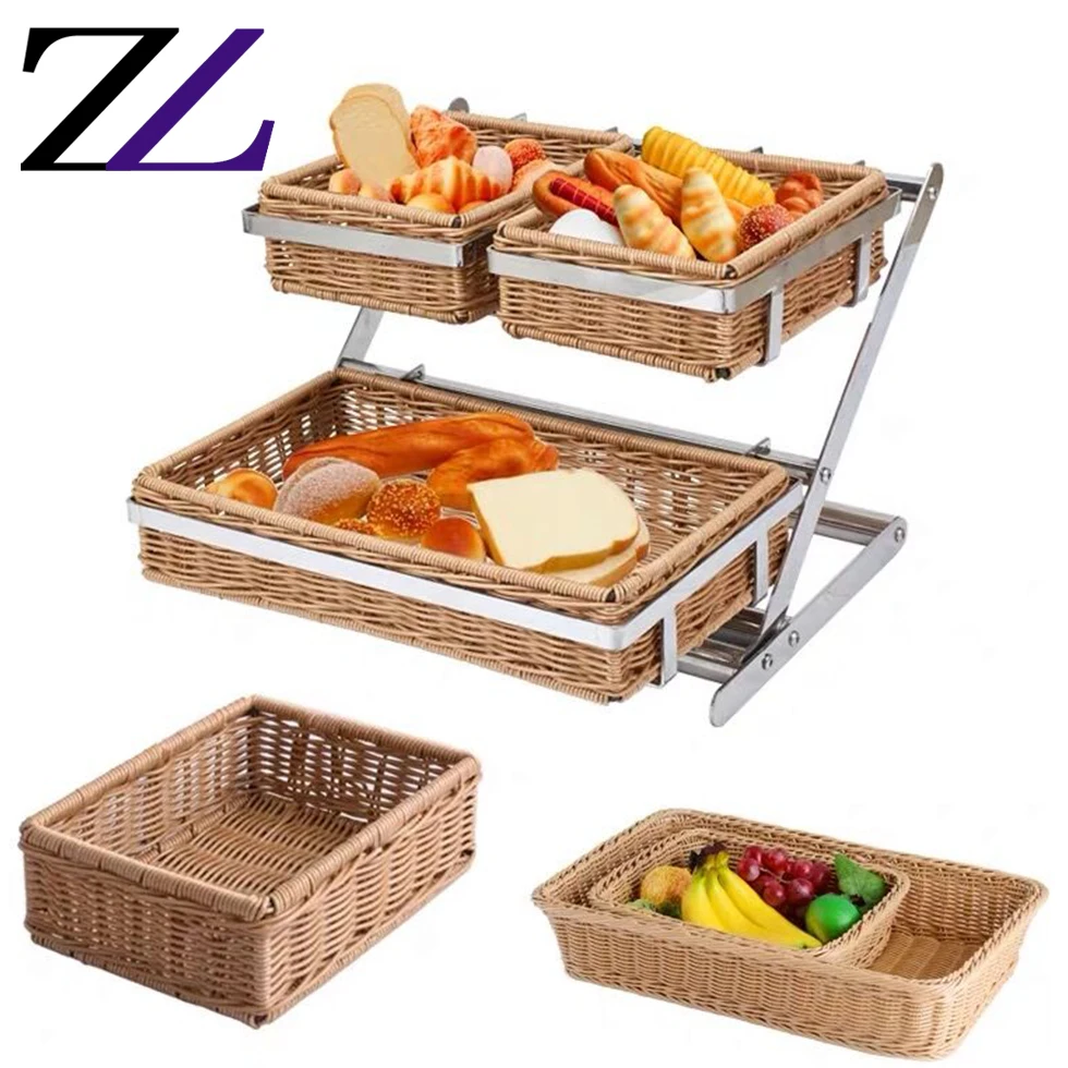 5 Star Fruit Buffetware Display Rectangle Rattan Stainless Steel Bracket Acrylic Window Metal Cake Stand Break Basket with Lid