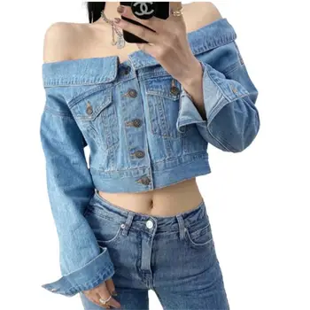 Women petite fashion chic denim crop tops 2021 Button Up pocket long sleeve foldover Off the shoulder Crop denim jean jacket