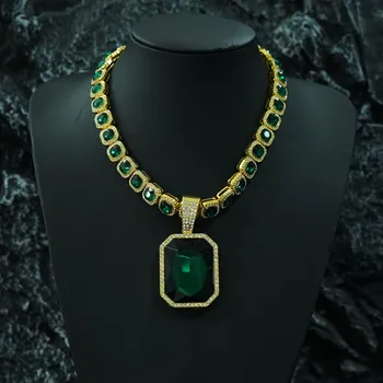 Renqing Hot Sale Hip Hop Cool Necklace Large Color Gem Alloy Pendant with Gold Plated Cuban Link Chain