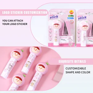 Kawaii White Peach Doll Solid Glue & Stapler Blister Card Set - Cute Stationery Kit