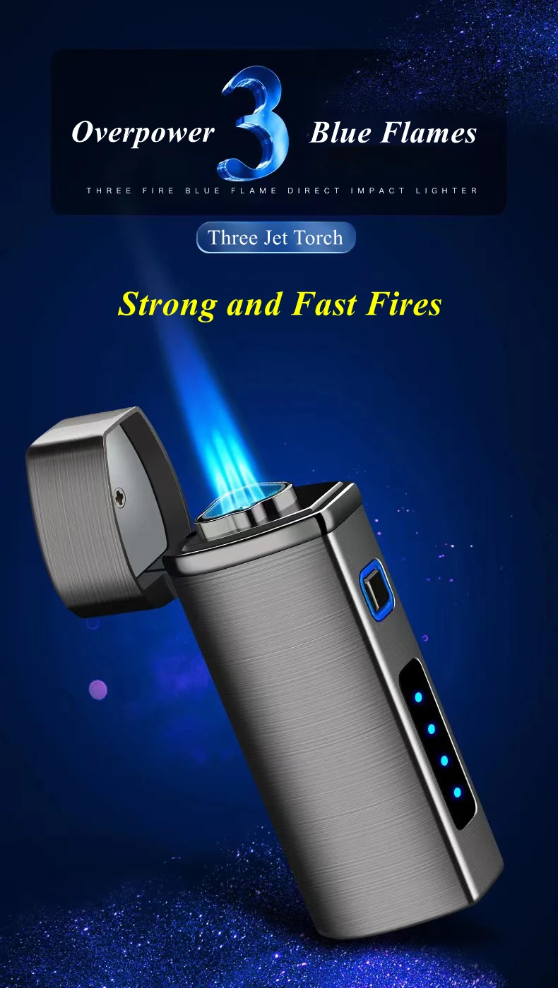 Custom High Quality Windproof Triple Jet Torch Usb Cigar Lighter,Led Flashlight Refillable