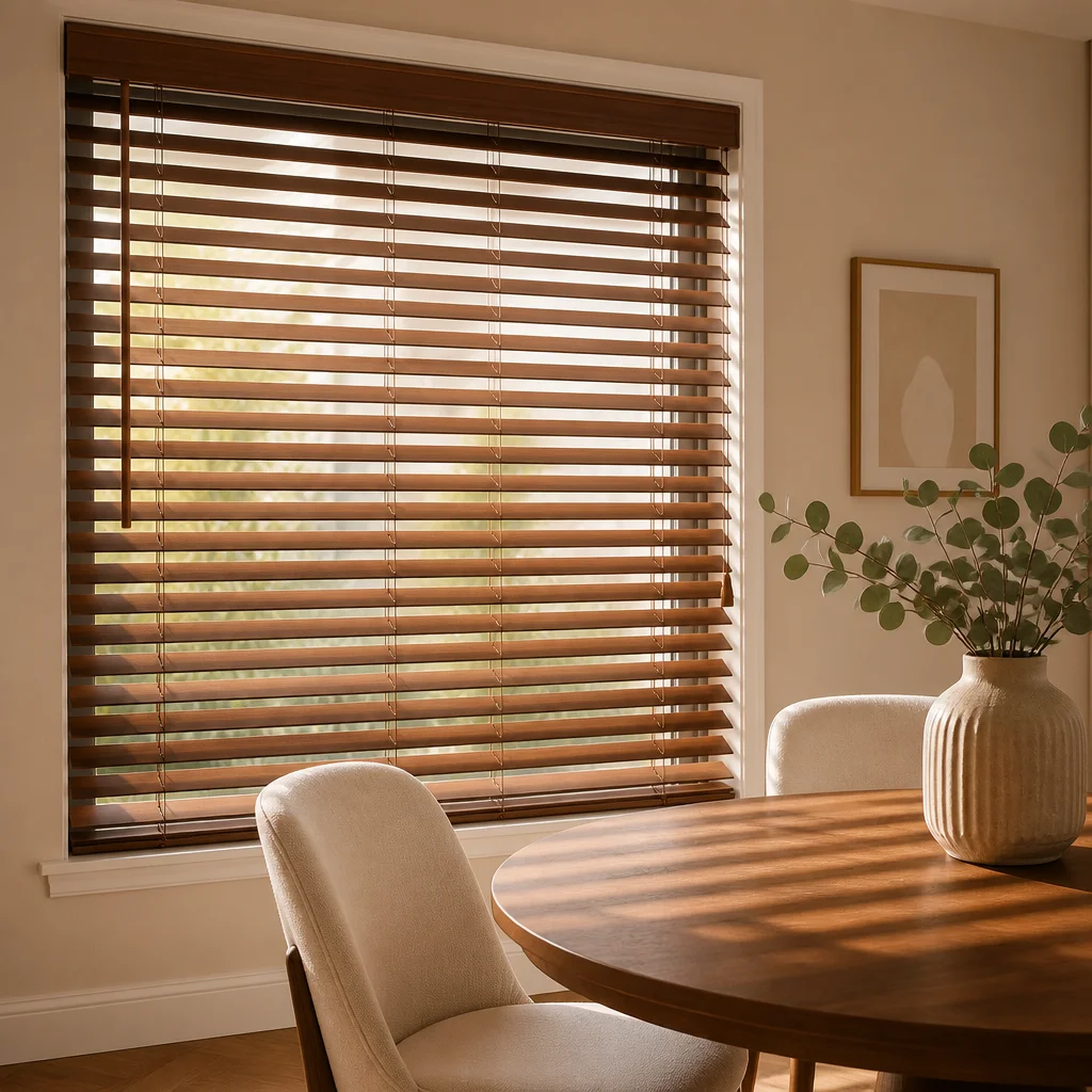 Aangepaste Gevlekte Hout Horisontale Venesiese Blinders 50 mm Massiewe Paulownia Lamel, Ladder-tou, Kantlys-stok, Eetkamer, OEM, Fabriek Direk