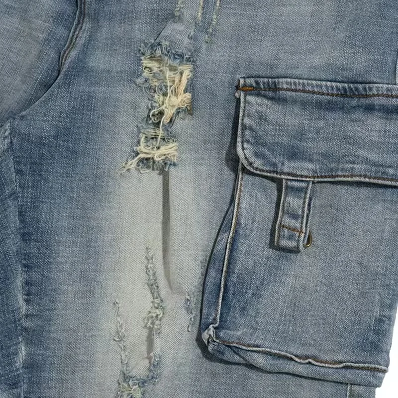 Custom Heavyweight Summer Multi Pocket Denim Trousers Unisex Acid Pickling Lower Hem Cut Edge Denim Pant Ripped Jeans for Men gallery 4
