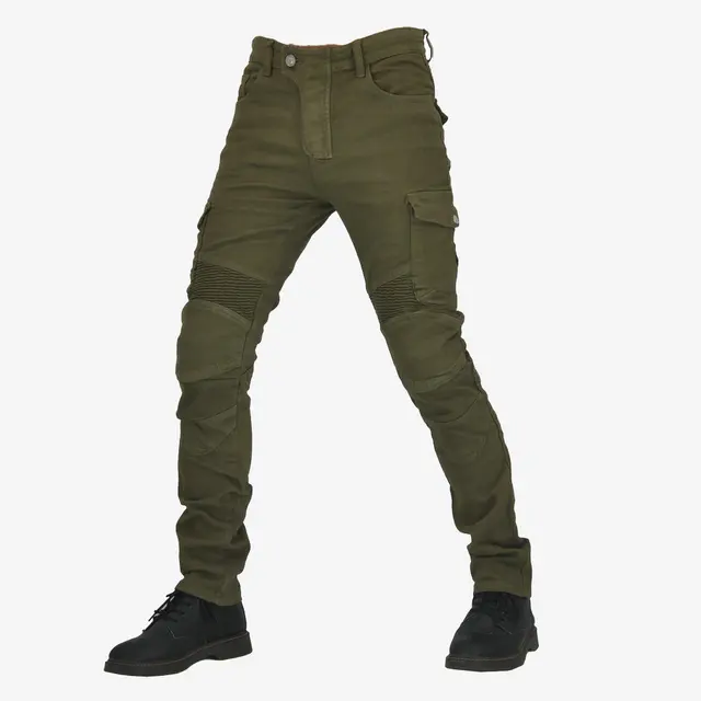 Hot sale green workwear Multi-pocket stretch fall protection motorcycle jeans for men