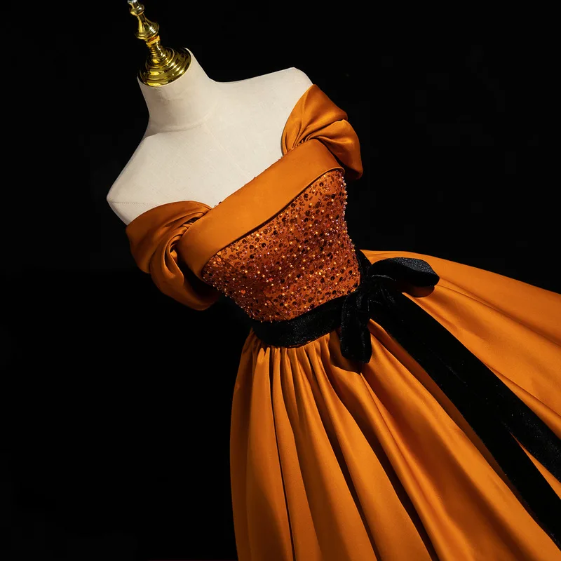 scoop neck dress formal One-Shoulder Bright Sequin Long Formal Dress Orange / 2 main image 1