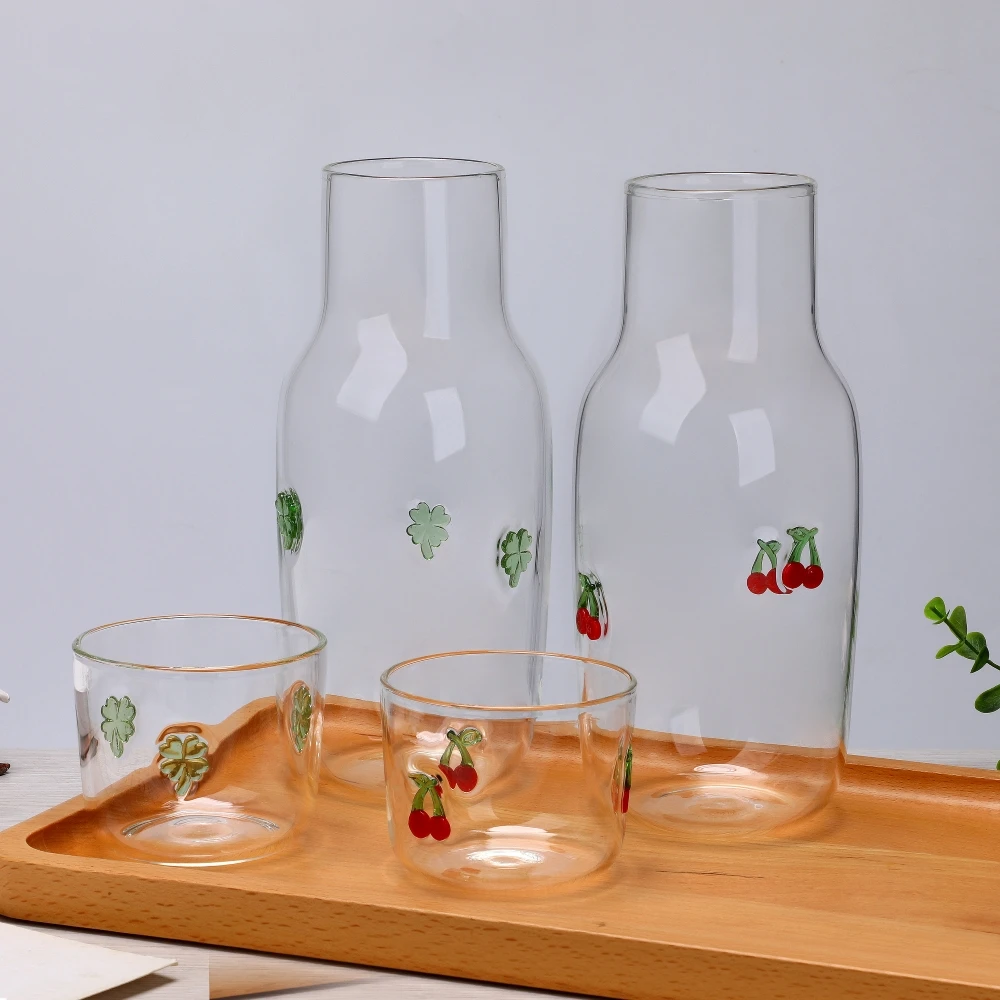 Icon Heat Cold Resistant Bedside Night Borosilicate Glass Juice Water Bottle Carafe En Verre Pitcher Jug Sets with Tumbler Cup