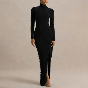 ZYHT 74128 High Neck Sexy Bodycon High Slit Pleated Ruched Dresses Women Maxi Long Sleeve Ladies Winter Black Evening Dresses