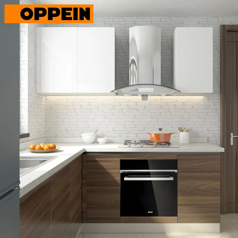 OPPEIN Simple Modern White Slab Style Assembly Kitchen Set Cabinets ...