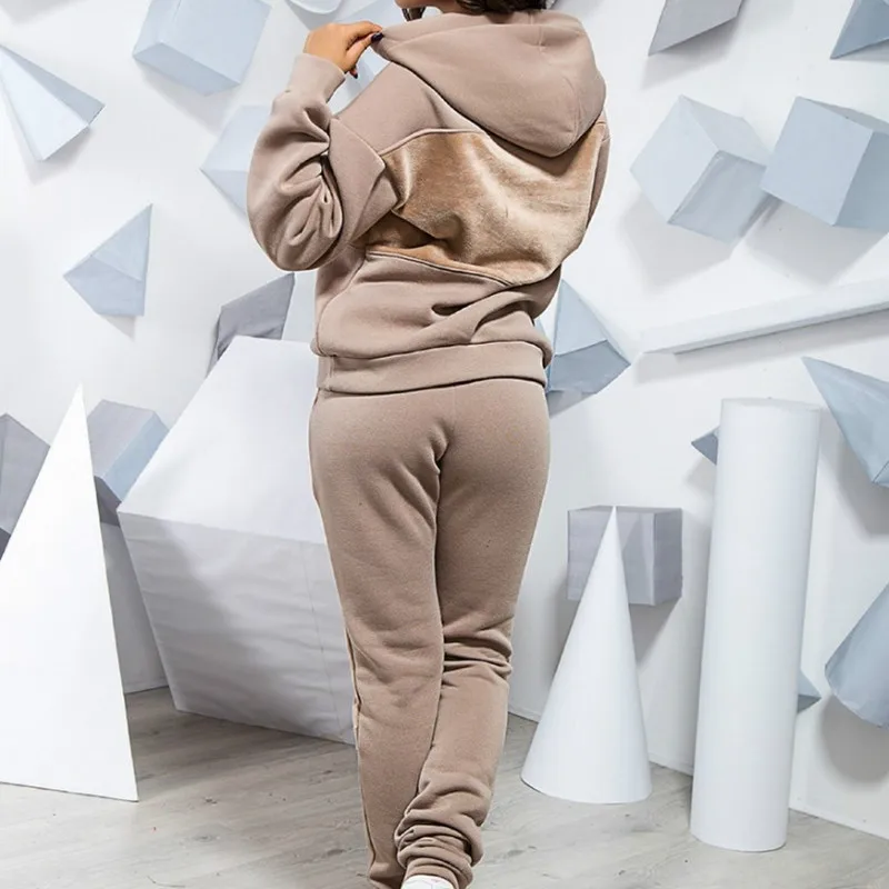 Survêtement Femme Velours 2 Pièces - Ensemble Sportswear Zippé à Capuche Et Pantalon Jogging - Couleur Unie Décontractée