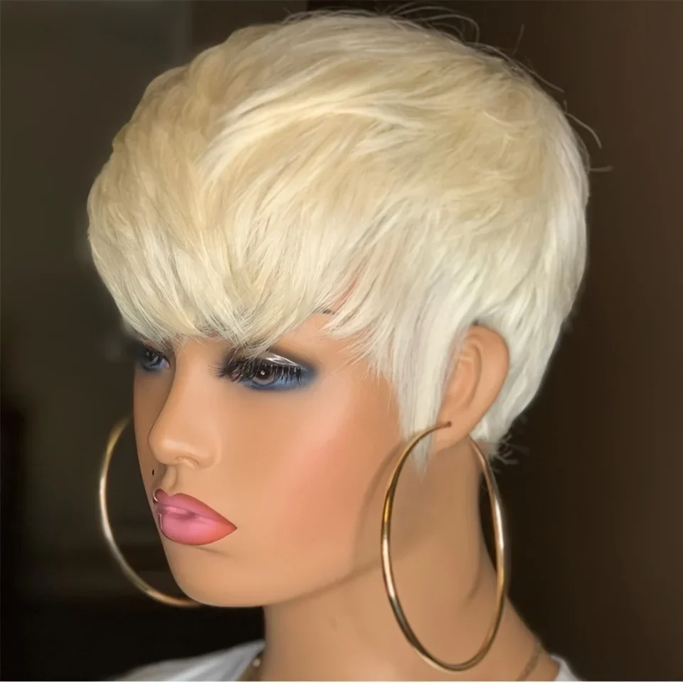 Kurze, glatte Perücke mit Pixie-Schnitt aus Echthaar, maschinengefertigte Perücken für Frauen_voghion.com
