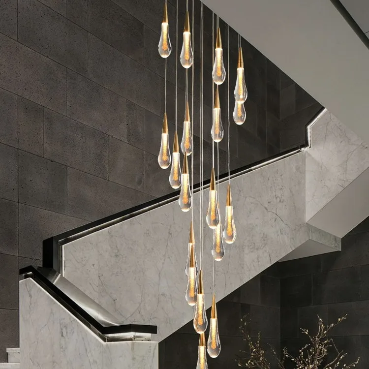 Simple Modern Staircase Bulb Shape High Ceiling Chandelier Villa Living Room Long Drop Crystal Chandelier Pendant Light