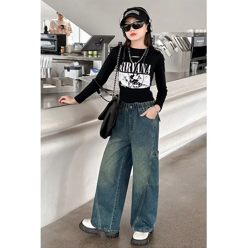 2024 New Style Girls Wide Denim Girls Summer Trousers Jeans Set Fashion  Loose Cotton Children Jeans Children Clothing