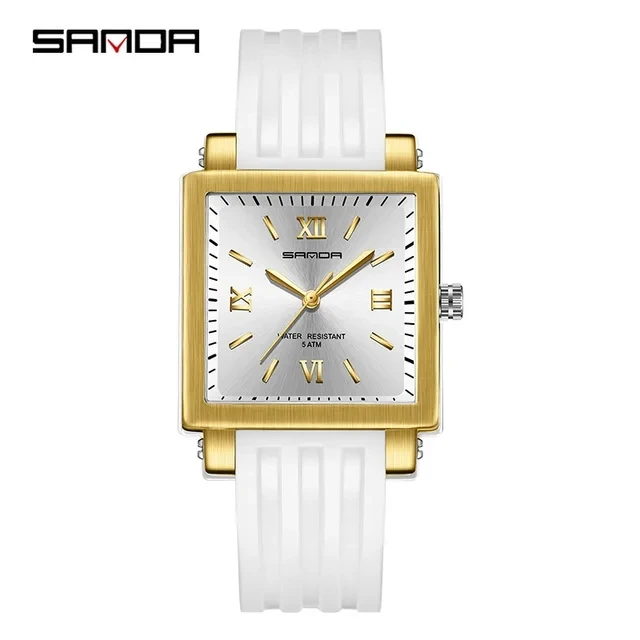 Sanda 3208 New Luxury Fashion Quartz Wrist Watch Girls Pointer Square Design Women's  Silicone Strap Wristwatches for Women Gift
