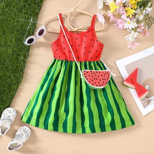 Girls' Summer Suspender Dress Watermelon Print Splicing O-Neck Girls Dresses for Girls