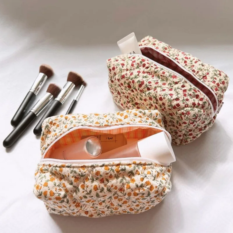 RTS Floral Terry Cloth Towel Cosmetic Bag Women Makeup Brush Bag Cherry  Travel Storage Bag