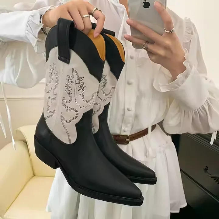 Leather Cowboy Boots Low Moq Genuine Leather 4.5cm Mid Heel Women Western Cowgirl Boots - Image 4