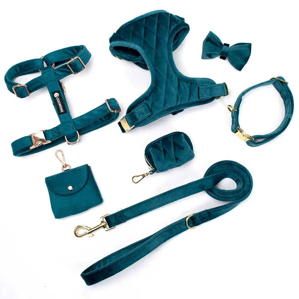 Personalized Design Dog Harness Matching Dog Collar Metal Buckle Leash Manufacturers Pet Bandana Bowknot Poop Bag Dispenser