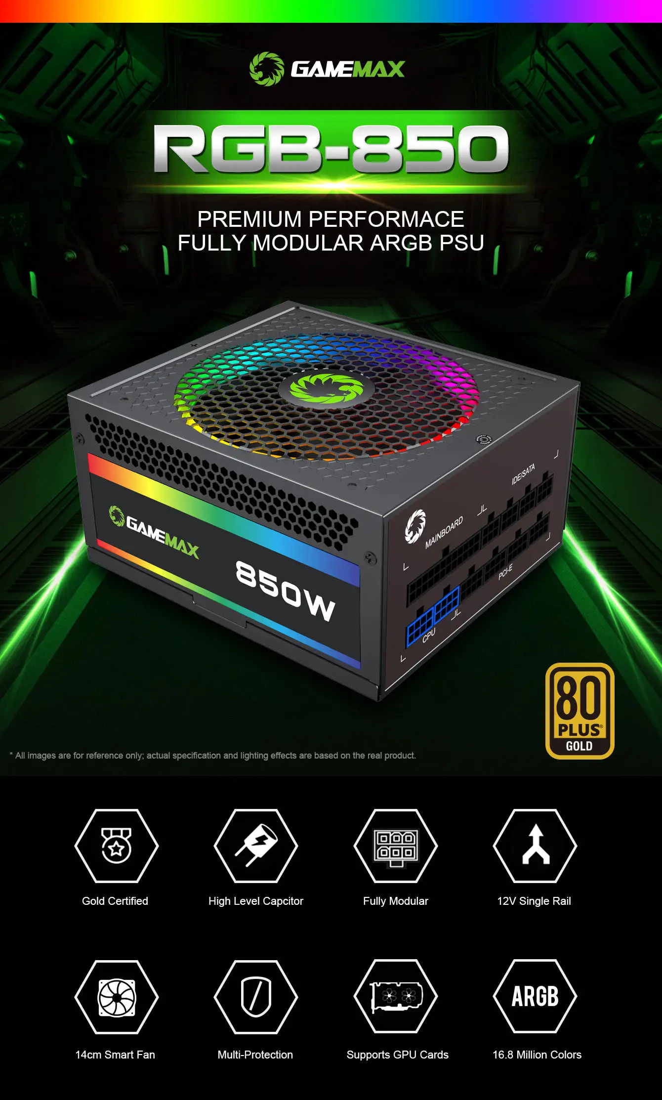 Gamemax-rgb 850w Pro Power Supply: 80+ Gold Fully Modular, Ideal for RTX  GPU Cards & Intel Gen12 CPUs 