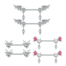 Butterfly Nipple Ring for Women Stainless Steel Sexy Barbell Piercing with Heart Zircon Inlaid Angel Wings for Weddings