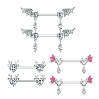 Butterfly Nipple Ring for Women Stainless Steel Sexy Barbell Piercing with Heart Zircon Inlaid Angel Wings for Weddings