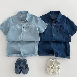 Summer Children Korean Casual Print Two-Piece Set Boys and Girls Short-Sleeved Denim Pants with Treasure Suit Clothes for Kids